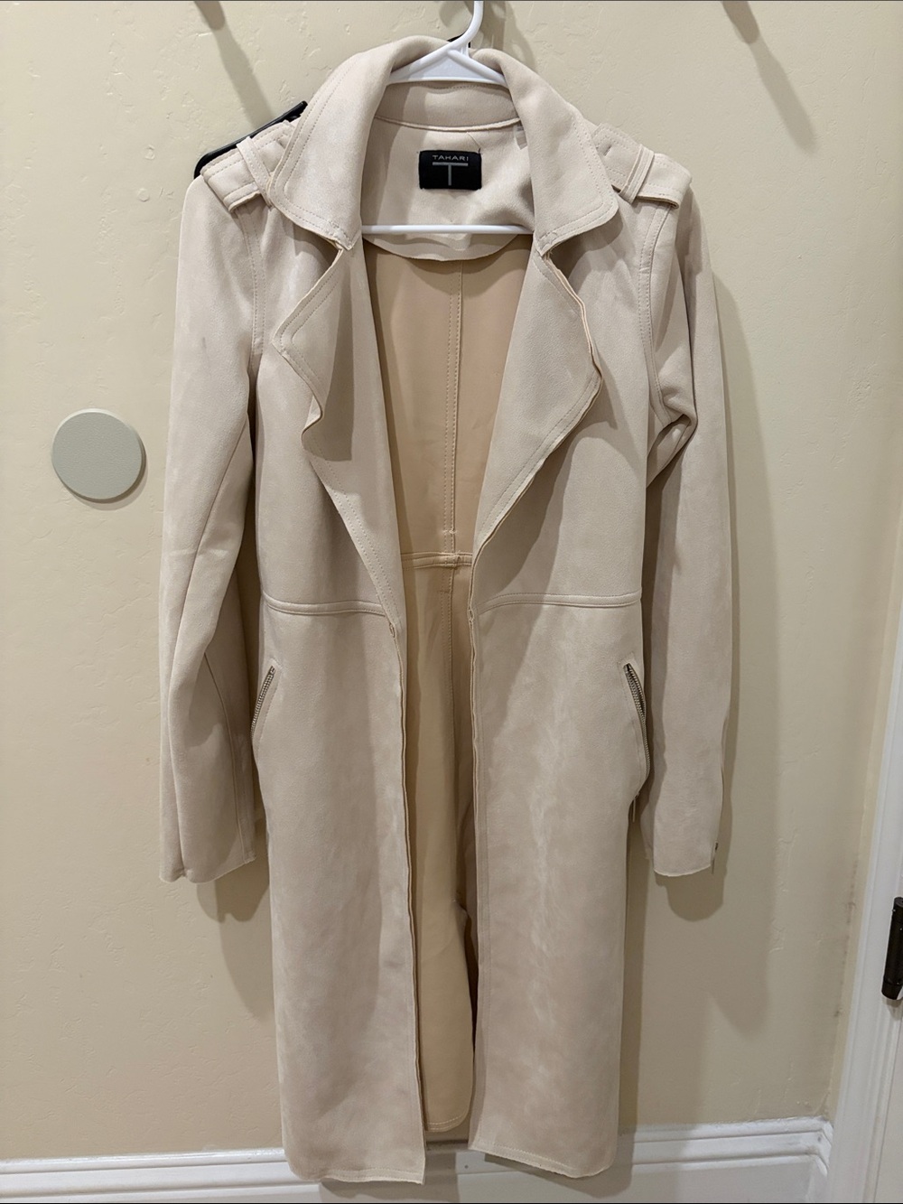 Tahari Cream Open-Front Long Trench Coat